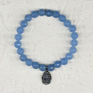 Satya Bracelet Blue Chalcedony Sterling Silver Tree of Life Charm Beaded Stretch